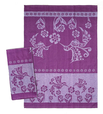 Printed Tea Towel - Hummingbird (purple) - Purple handmade tea towel with intricate hummingbird and floral print, unique Canadian gift.