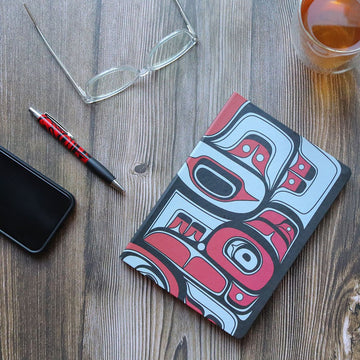Sgaan Whale - Hardcover Journal w/ Contemporary Indigenous Artwork - Hardcover journal with vibrant red and black contemporary Indigenous whale artwork, unique Canadian gift.