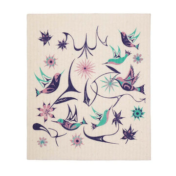 Eco Cloths - Handmade Canadian tea towel with unique hummingbird and floral Indigenous design, perfect gift.