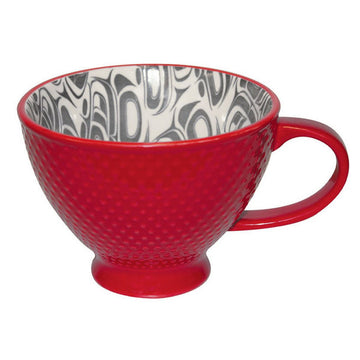 Porcelain Art Mug - Transforming Eagle - Red textured porcelain mug with black and white eagle feather design inside, unique handmade Canadian gift.