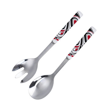 Stainless Steel Salad Server - Transforming Eagle - Stainless steel salad server set with black, red, and white Indigenous-inspired handles, unique handmade Canadian gift.