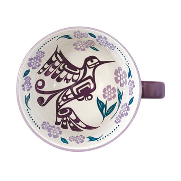 Porcelain Art Mug - Hummingbird by Francis Dick - Porcelain mug with handmade Canadian hummingbird and floral design, unique gift with purple handle.