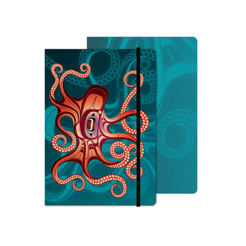 Octopus (Nuu) - Hardcover Journal w/ Contemporary Indigenous Artwork - Hardcover journal with vibrant octopus artwork in Indigenous style, handmade Canadian gift with elastic closure.