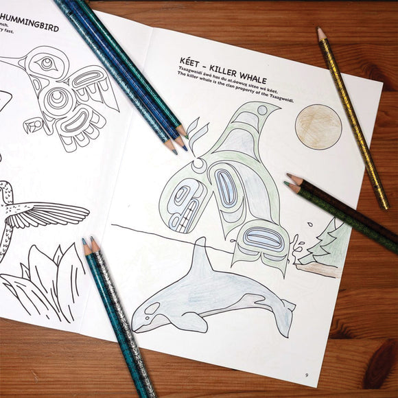 Metallic Coloured Pencils - Feather - Metallic colored pencils in blue, green, and gold beside Indigenous art whale coloring pages on wood surface.