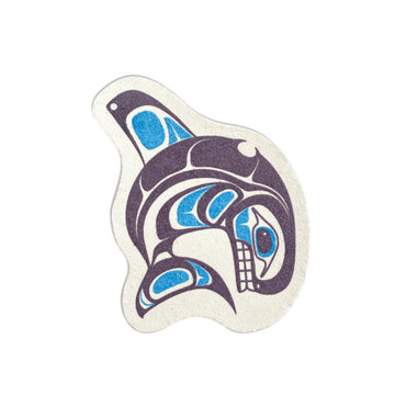 Eco Sponges - Handmade Canadian eco sponge shaped like an orca whale with Indigenous art design, unique gift.