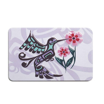 Embossed Metal Magnet - Native North West - Handmade Canadian embossed metal magnet featuring a colorful hummingbird and flowers, unique gift accessory.