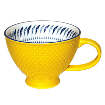 Porcelain Art Mug - Hummingbird - Yellow handmade porcelain mug with textured exterior and blue hummingbird design inside, unique Canadian gift.