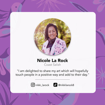 Eco Cloths - Nicole La Rock, Coast Salish artist, smiling outdoors wearing a pink patterned jacket, unique handmade Canadian artisan gift .