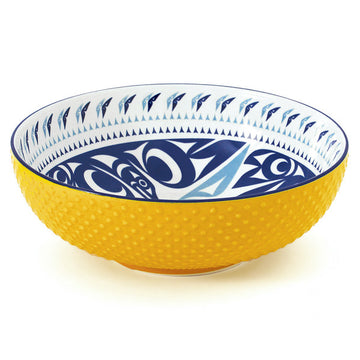 Porcelain Art Serving Bowl - Hummingbird - Handmade Canadian porcelain serving bowl with yellow textured exterior and blue hummingbird art interior, unique gift.