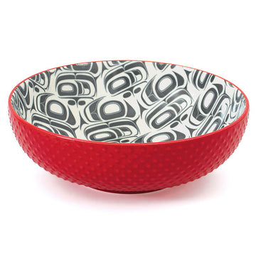Porcelain Art Serving Bowl - Transforming Eagle - Red textured porcelain bowl with black and white Indigenous eagle design inside, unique handmade Canadian gift.