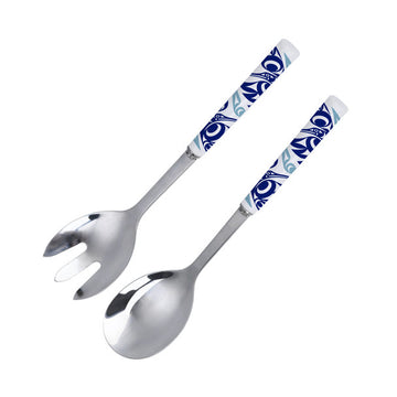 Stainless Steel Salad Server - Hummingbird - Handmade stainless steel salad servers with blue and white Canadian Hummingbird design handles, unique gift.