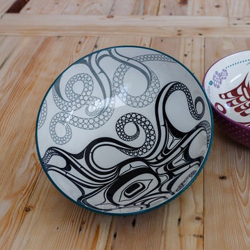 Porcelain Art Serving Bowl - Octopus (Nuu) - Handmade Canadian porcelain serving bowl with unique black and white octopus design, perfect gift.
