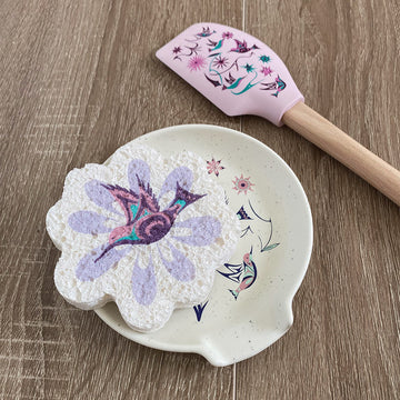 Spoon Rest - Hummingbird - Handmade Canadian ceramic spoon rest with purple hummingbird and floral design, unique gift.