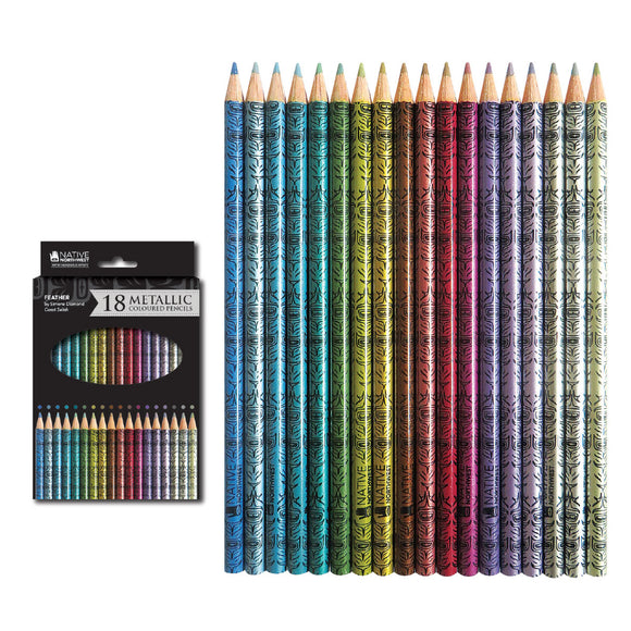 Metallic Coloured Pencils - Feather - Set of 18 handmade Canadian metallic colored pencils with feather design, unique gift packaging.