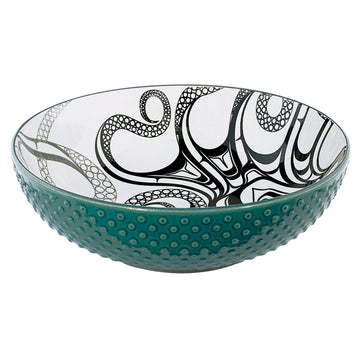 Porcelain Art Serving Bowl - Octopus (Nuu) - Handmade Canadian porcelain serving bowl with unique black octopus design and textured teal exterior, perfect gift.