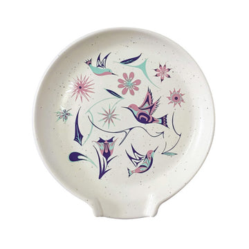 Spoon Rest - Hummingbird - Handmade Canadian ceramic spoon rest with unique hummingbird and floral design, perfect gift.