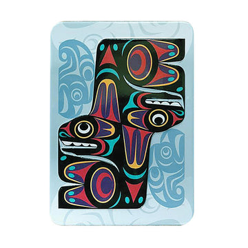Embossed Metal Magnet - Native North West - Rectangular embossed metal magnet with vibrant Indigenous-inspired art in black, red, green, blue, and yellow detailing.