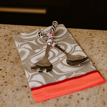 Stainless Steel Salad Server - Transforming Eagle - Handmade Canadian stainless steel salad server with unique red and black eagle design handles, perfect gift.