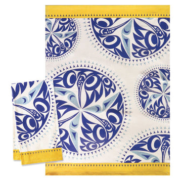 Printed Tea Towel - Hummingbirds (blue and yellow) - Handmade Canadian tea towel with blue and yellow hummingbird prints, unique gift design.