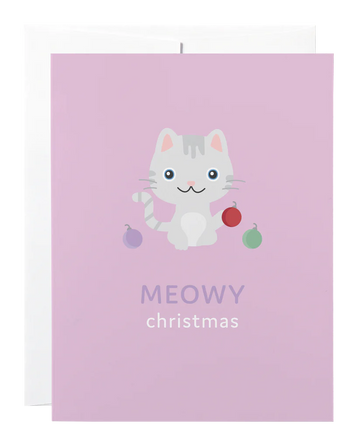 Meowy Christmas Card - Handmade Canadian Christmas card with cute gray and white cat holding colorful ornaments on pink background, unique gift.