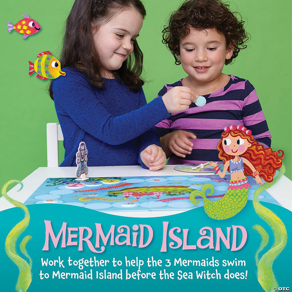Mermaid Island Game - Colorful Mermaid Island board game with handmade wooden mermaid and sea creature pieces, unique Canadian gift for kids ages.
