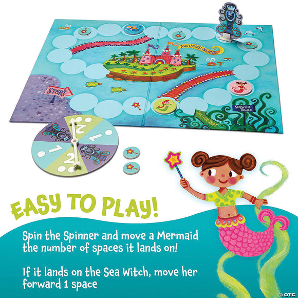 Mermaid Island Game - Colorful board game with a mermaid-themed path, spinner, and character pieces on a blue ocean background.