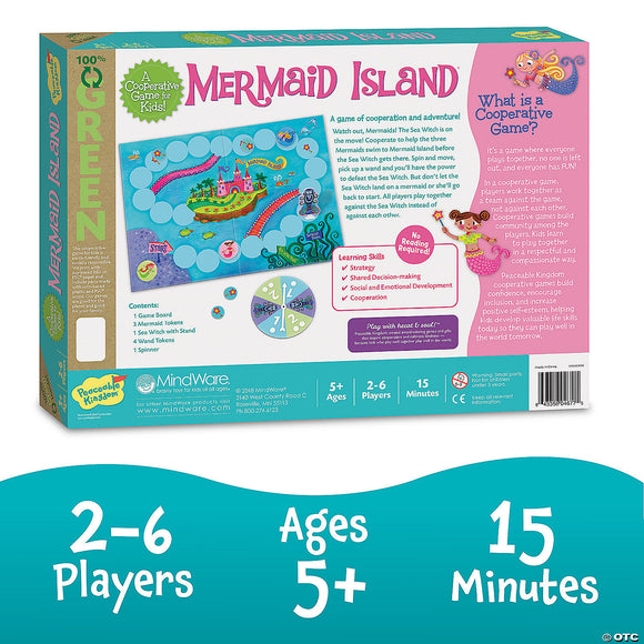 Mermaid Island Game - Colorful rectangular box featuring whimsical underwater illustrations and playful mermaid characters for a cooperative kids'