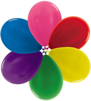 11" Inflated Latex Balloons (various colours) - Set of six inflated 11-inch latex balloons in blue, pink, red, yellow, green, and purple colors arranged in a circle.