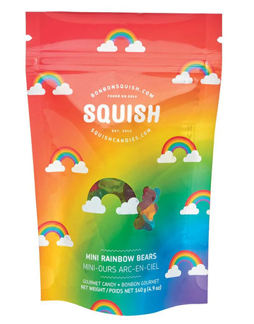 Mini Rainbow Gummy Bears (Squish) - Colorful resealable bag of handmade Canadian Mini Rainbow Gummy Bears by Squish, unique gift.