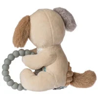 Teether Rattle - Sparky Puppy - Handmade plush beige puppy teether rattle with brown and gray ears, soft tail, and gray bead ring, unique Canadian baby gift.