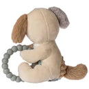 Teether Rattle - Sparky Puppy - Handmade plush beige puppy teether rattle with brown and gray ears, soft tail, and gray bead ring, unique Canadian baby gift.