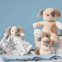 Teether Rattle - Sparky Puppy - Soft beige plush puppy teether rattle with textured ears and striped paw details.