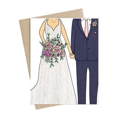 Mr + Mrs Greeting Card - Handmade Mr + Mrs wedding greeting card with bride and groom illustration, unique Canadian gift.