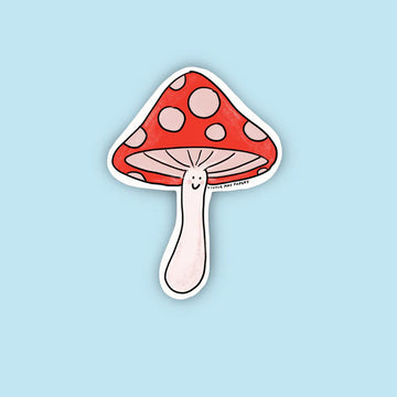 Mushroom Vinyl Sticker - Unique handmade vinyl sticker of a smiling red and white mushroom, Canadian gift accessory.