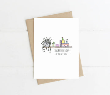 New Home Shelf Card - Handmade Canadian greeting card with colorful shelf illustration and "Congratulations on your new home" text, unique gift.