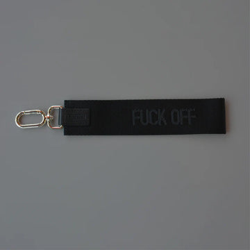 Fuck Off Wristlet - Black handmade wristlet with "Fuck Off" embroidered text and metal clasp, unique Canadian gift accessory.