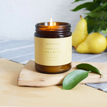 Pear & Basil Soy Candle - Handmade Canadian soy candle in amber jar with pear and basil scent, perfect unique gift.