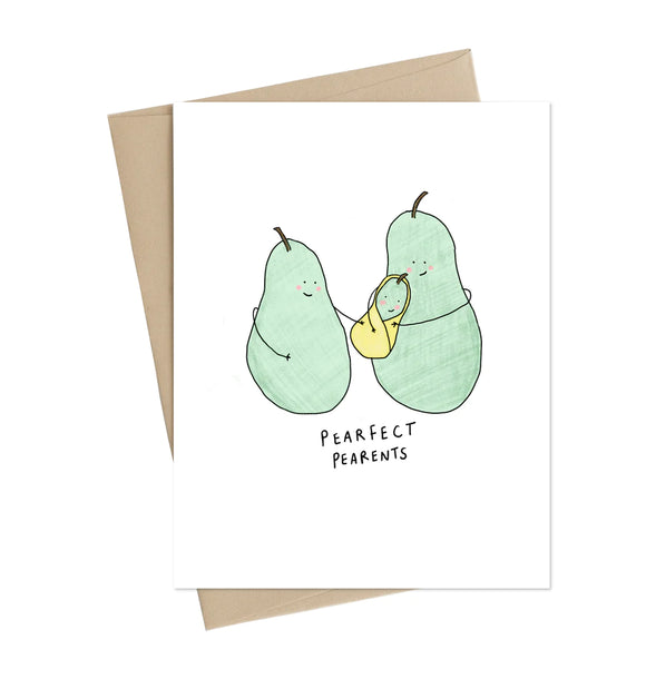 A white card with two pears looking at their pear child in a yellow swaddle. Beneath in black text reads "Pearfect Pearents"