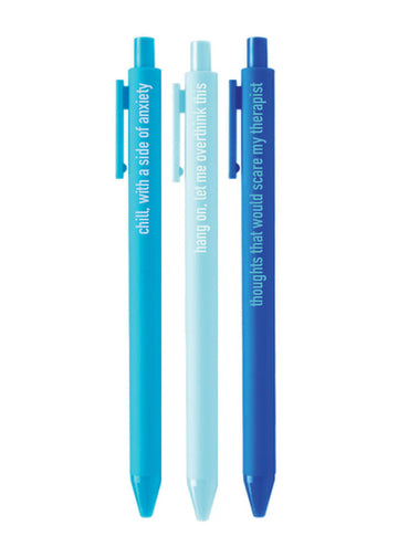 Anxious Overthinker Pens - Set of three handmade Canadian pens in shades of blue with witty anxious overthinker phrases, unique gift idea.