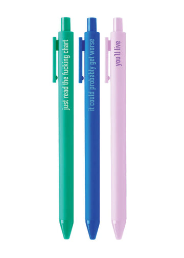 Overworked Nurse Pens - Set of three Canadian handmade pens in teal, blue, and lavender with unique nurse-themed quotes, perfect gift accessory.