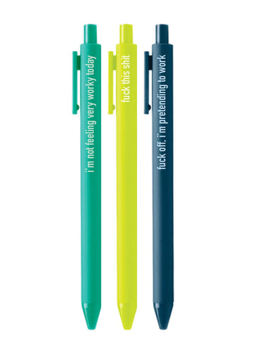 Pissing Off Your Boss Pens - Set of three handmade Canadian pens in teal, yellow, and navy with cheeky slogans, unique gift idea.
