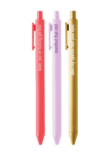 Optimistic Bitch Pens - Set of three unique handmade pens in red, lavender, and gold with cheeky optimistic slogans, Canadian gift.