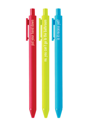 World's Best Teacher Pens - Set of three colorful pens in red, yellow, and blue with white inspirational teacher quotes, unique handmade Canadian gift.