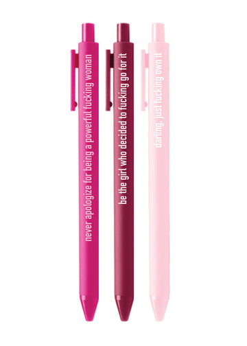 Powerful Woman Pens - Set of three Canadian handmade pens in shades of pink with empowering white text, unique gift accessory.