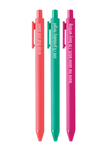 Excessive Note Taker Pens - Set of three unique handmade Canadian pens in coral, teal, and magenta with funny quotes, perfect gift.