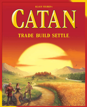 Catan Board Game - Catan board game box with sunset landscape and settlers, unique handmade Canadian gift design.