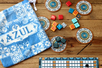 Azul Board Game - Azul board game with colorful tiles, round patterned coasters, and blue patterned cloth pouch, unique Canadian handmade gift.
