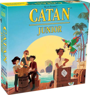 Catan Junior - Catan Junior board game box with tropical island art, playful pirate characters, and parrot, unique handmade Canadian gift.