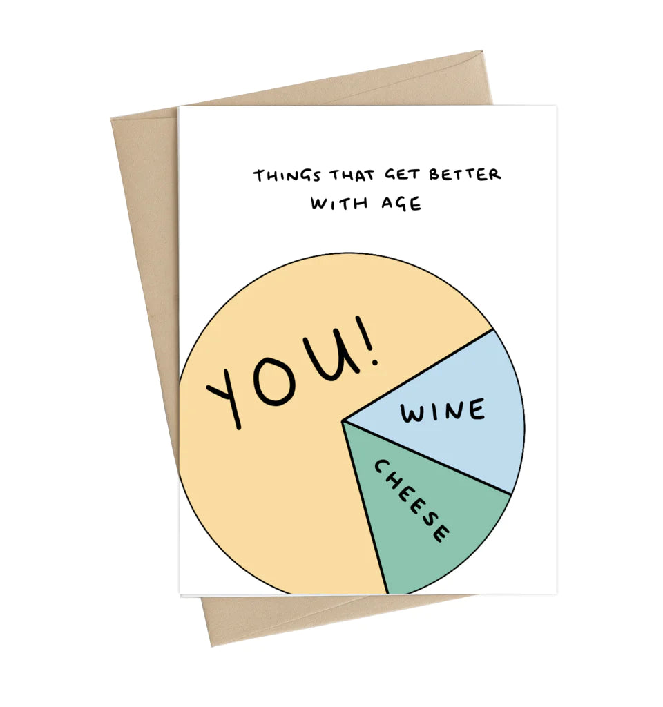 A white card with a pie chart with the categories "You, Cheese, Wine" and the words "Things that get better with age" at the top