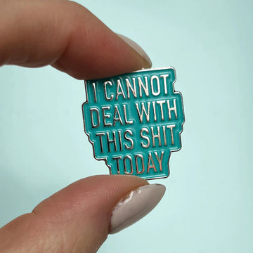 Deal With This Shit Enamel Pin - Handmade Canadian enamel pin with turquoise background and bold silver text, unique gift accessory.